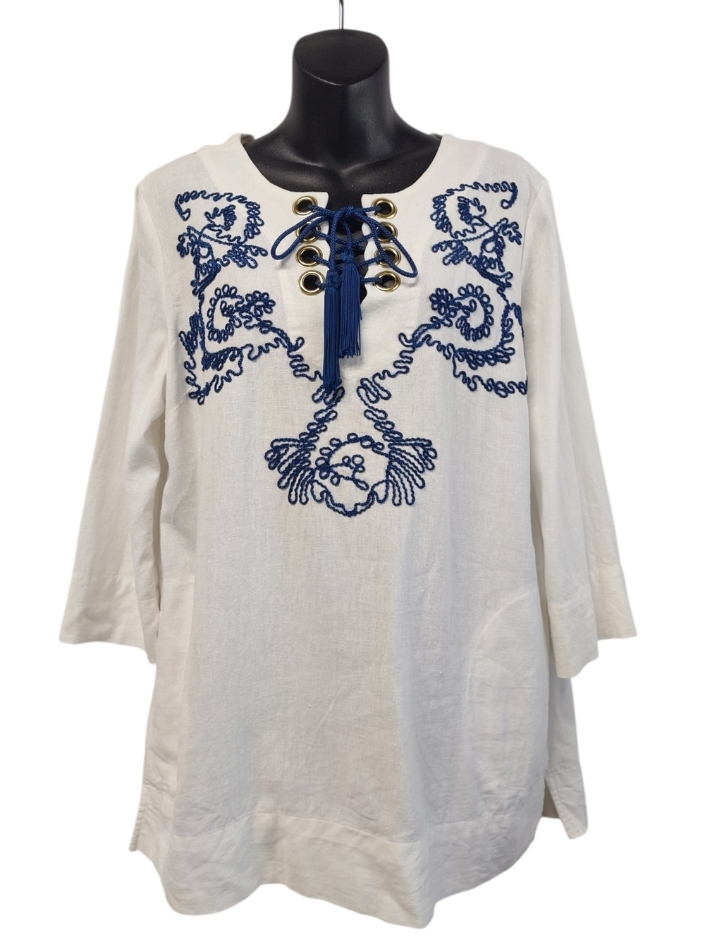 Jaclyn Smith Linen Blend Embroidered Boho Tunic Top White Blue Tassels M